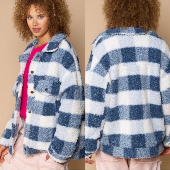 Pol oversized blue plaid Sherpa jacket / Shacket Large NEW - Picture 4 of 5